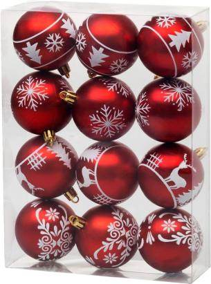 Set 12 globuri de Crăciun roșii cu ornament alb, 6 cm, pentru brad