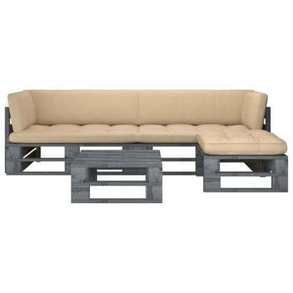 Set mobilier din paleți cu perne, 4 piese, gri, lemn pin tratat GartenMobel Dekor