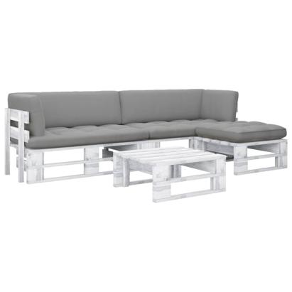 Set mobilier din paleți cu perne, 4 piese, alb, lemn pin tratat GartenMobel Dekor