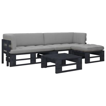 Set mobilier paleți cu perne, 4 piese, negru, lemn pin tratat GartenMobel Dekor