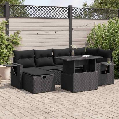 Set canapele de grădină cu perne, 7 piese, negru, poliratan GartenMobel Dekor