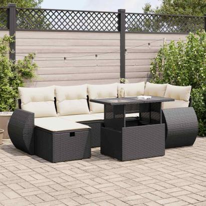 Set canapele de grădină cu perne, 7 piese, negru, poliratan GartenMobel Dekor