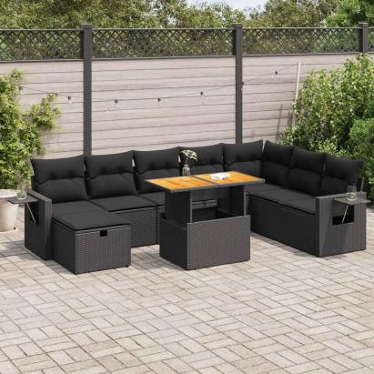 Set mobilier grădină perne 9 piese negru poliratan/lemn acacia GartenMobel Dekor