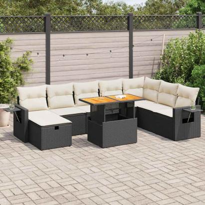 Set mobilier grădină perne 9 piese negru poliratan/lemn acacia GartenMobel Dekor