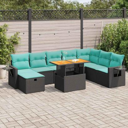 Set mobilier grădină perne 9 piese negru poliratan/lemn acacia GartenMobel Dekor