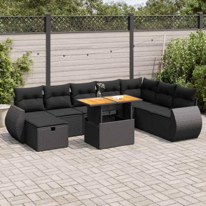 Set mobilier grădină perne 9 piese negru poliratan/lemn acacia GartenMobel Dekor