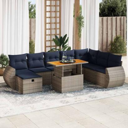 Set mobilier grădină perne 9 piese gri poliratan/lemn acacia GartenMobel Dekor