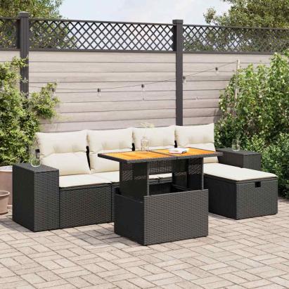 Set mobilier grădină perne 6 piese negru poliratan/lemn acacia GartenMobel Dekor
