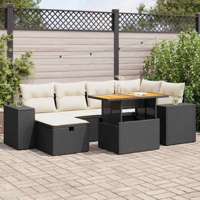 Set mobilier grădină perne 8 piese negru, poliratan/lemn acacia GartenMobel Dekor