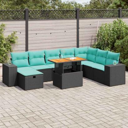 Set mobilier grădină perne 9 piese negru poliratan/lemn acacia GartenMobel Dekor