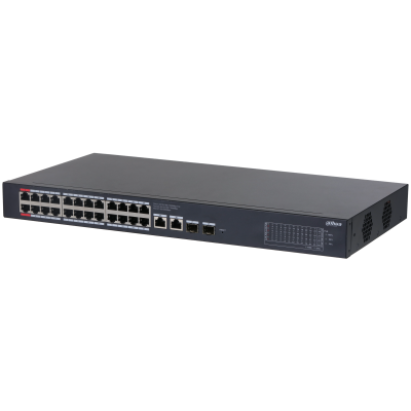 Switch 28 porturi Dahua, 24x porturi PoE Gigabit, 2x RJ45 Gigabit uplink, 2x SFP Gigabit, Smart Managed, Watchdog, CS4228-24GT-240 SafetyGuard Surveillance
