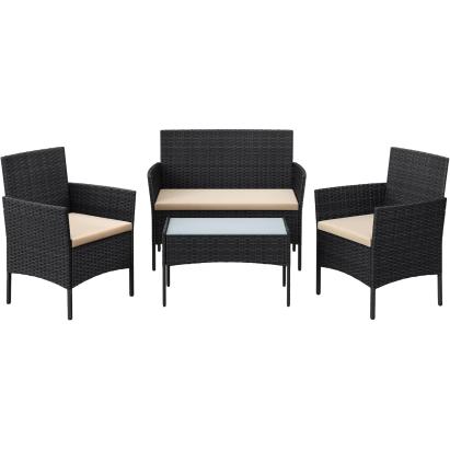Set mobilier de grădină SONGMICS, 4 locuri, ratan PE, masă cu sticlă