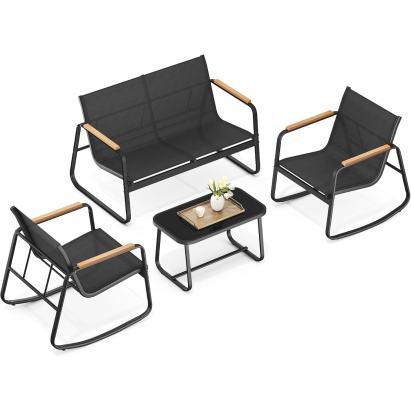 Set mobilier de gradina SONGMICS, 4 locuri, 2 scaune balansoar, canapea si masa, negru