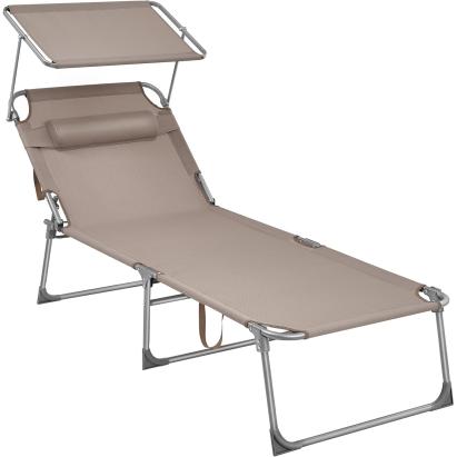 Sezlong pliabil SONGMICS cu parasolar si tetiera, 4 pozitii, taupe