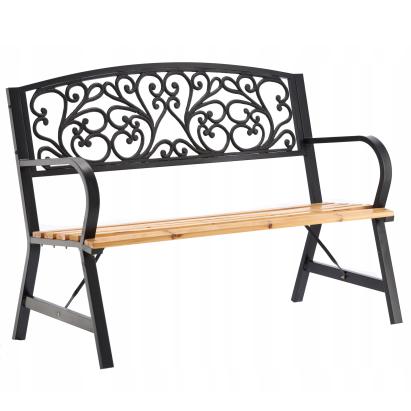 Banca de gradina din lemn si otel, cu spatar decorativ, 120 cm