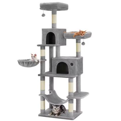FEANDREA Ansamblu pentru pisici, plus si sisal, cu platforme, cusca, hamac si stalpi de zgariat, 50x60x199 cm, gri