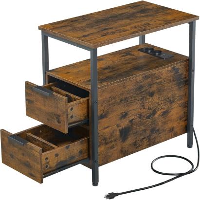 Noptieră VASAGLE cu priză incorporată, 2 sertare și rafturi, maro rustic