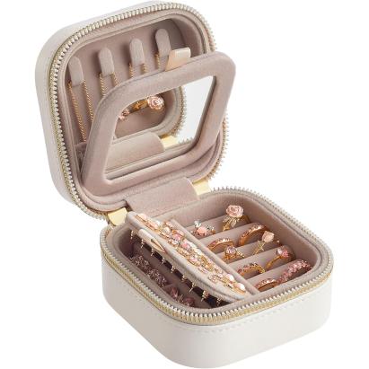 Cutie de bijuterii compactă SONGMICS cu oglindă și fermoar, albă