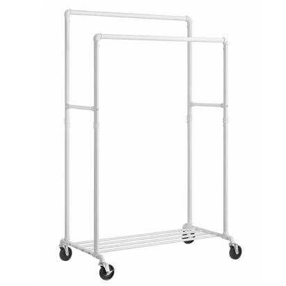 Suport haine SONGMICS cu 2 bare, raft si roti, metal, alb, 100x59x162 cm