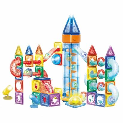 Set de construcție magnetic educativ cu pistă bile și LED, 134 piese