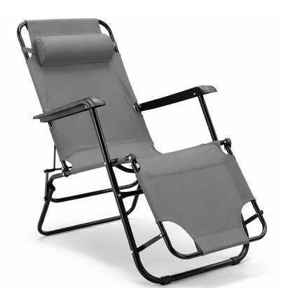 Șezlong pliabil de grădină gri, cu poziție orizontală și tetieră reglabilă