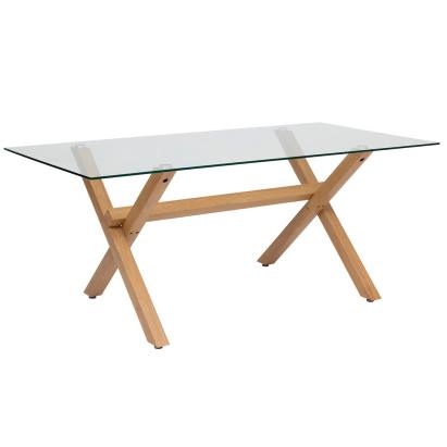 Masă dining Atmosphera Jorel cu blat din sticlă și efect stejar, 180x90x75 cm