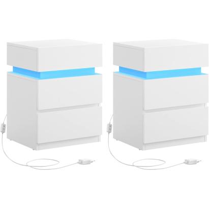 Set 2 noptiere VASAGLE albe cu LED reglabil si 3 sertare, 35x40x55 cm