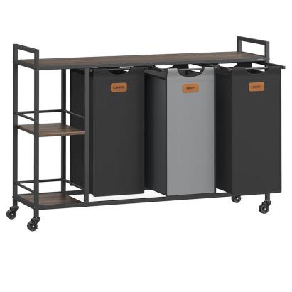 Coș de rufe VASAGLE cu 3 compartimente, rafturi și roți, 150 L, maro-negru