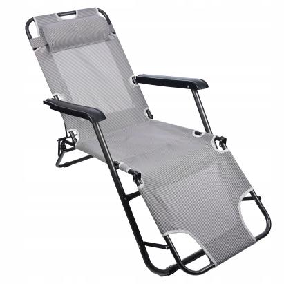 Sezlong pliabil gri cu tetiera, reglabil in 3 pozitii, 153x60 cm