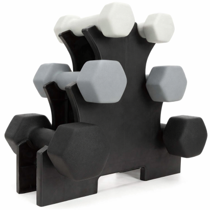 Set gantere din fonta cu neopren 12 kg, 6 piese si suport hexagonal