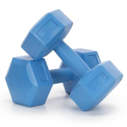 Set gantere hexagonale 2x2,5 kg cu invelis PP rezistent, albastre
