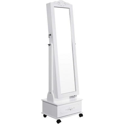 Oglinda cu dulap pentru bijuterii, LED, roti si cheie, alba, 35x45x156 cm