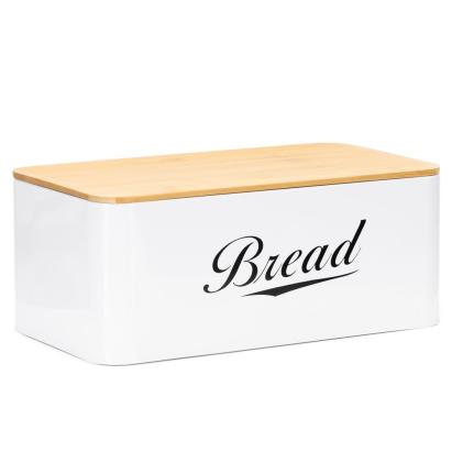Cutie pentru pâine din metal alb cu capac din bambus, 33x18x14 cm