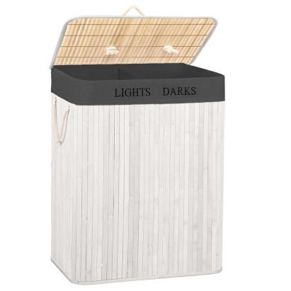 Cos de rufe din bambus pliabil, cu 2 compartimente, 105 L, alb/gri