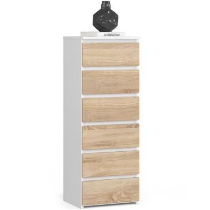 Comodă cu 6 sertare din PAL 16 mm, alb și stejar sonoma, 40x35x109 cm