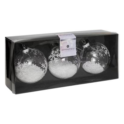 Set 3 globuri de Craciun din sticla transparenta, 8 cm, model fulgi
