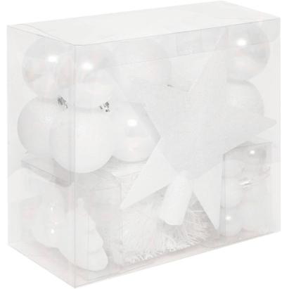 Set decoratiuni Craciun alb pentru brad, 44 piese, globuri si varf