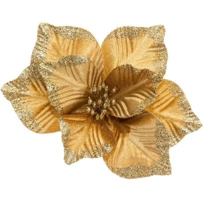 Floare decorativa de Craciun poinsettia aurie cu clip fixare, 24x11 cm