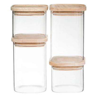 Set 4 borcane ermetice 5Five din sticla borosilicata cu capac din lemn