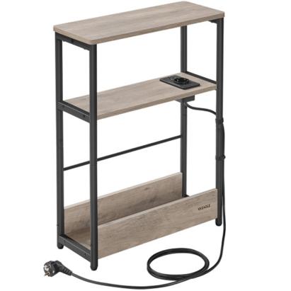 Măsuță îngustă VASAGLE cu priză AC și 2 USB, 3 rafturi, gri