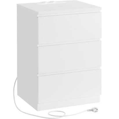 Noptieră VASAGLE albă cu 3 sertare, 2 prize și 2 porturi USB, 40x35x59 cm