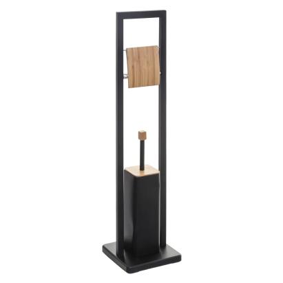 Suport WC 2 in 1 cu perie si suport hartie, metal si bambus, negru