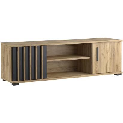 Comodă TV modernă 140 cm cu 2 uși și rafturi, craft cu negru