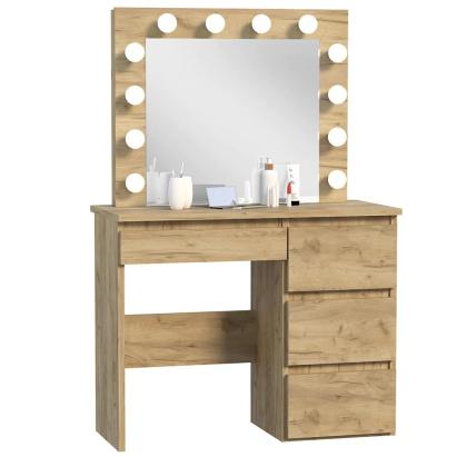 Masă de toaletă Hollywood cu oglindă LED și 4 sertare, stejar craft