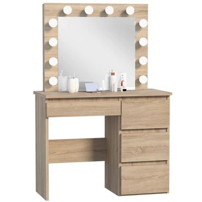 Masă de toaletă Hollywood cu oglindă LED și 4 sertare, stejar, 94x43x140 cm
