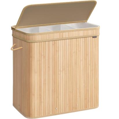 Cos de rufe SONGMICS 150L pliabil cu capac si sac lavabil, bambus bej