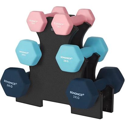 Set 6 gantere hexagonale SONGMICS cu suport, 1 kg, 2 kg si 3 kg