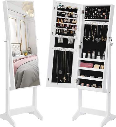 Oglindă de podea Songmics cu dulap pentru bijuterii și suport, albă, MDF, 152 cm