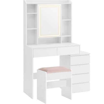 Masă de toaletă VASAGLE cu oglindă LED, taburet și 6 sertare, alb