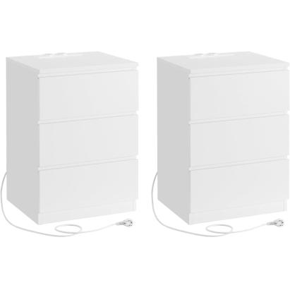 Set 2 noptiere VASAGLE albe cu 3 sertare, prize si porturi USB